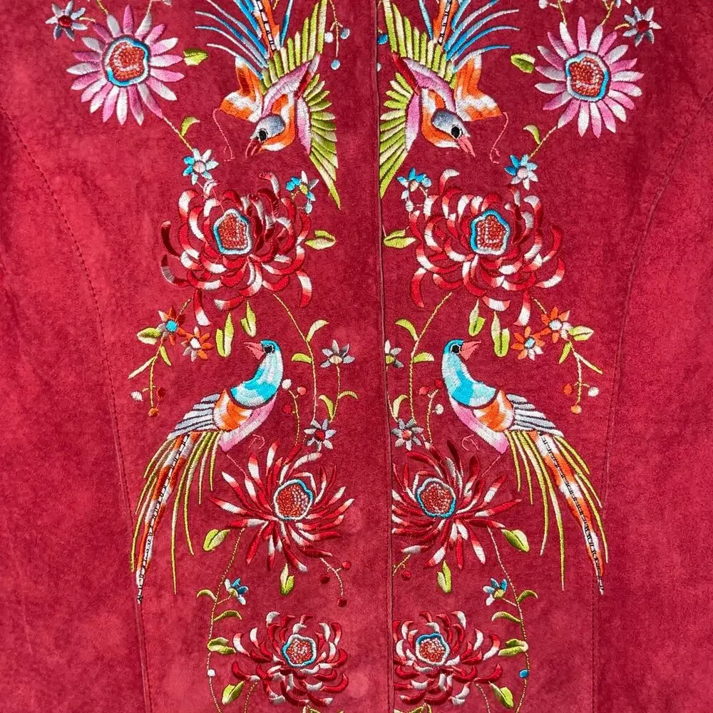 Suede Embroidered Vintage Jacket Birds Floral Leather - Picture 6 of 10